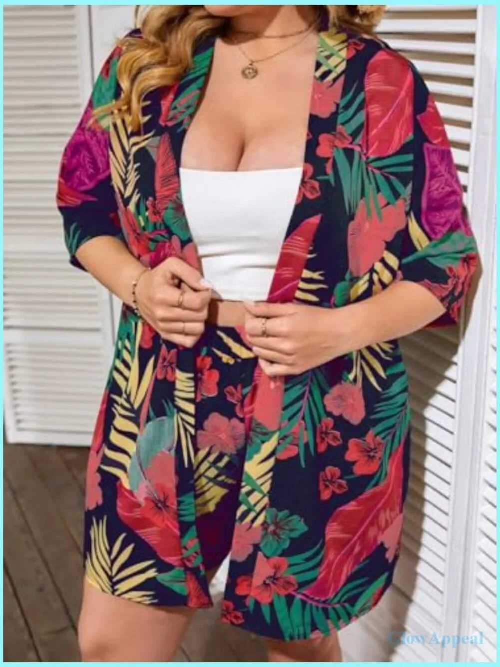 Plus Size 2 Piece Tropical Print Kimono Top & Shorts Set